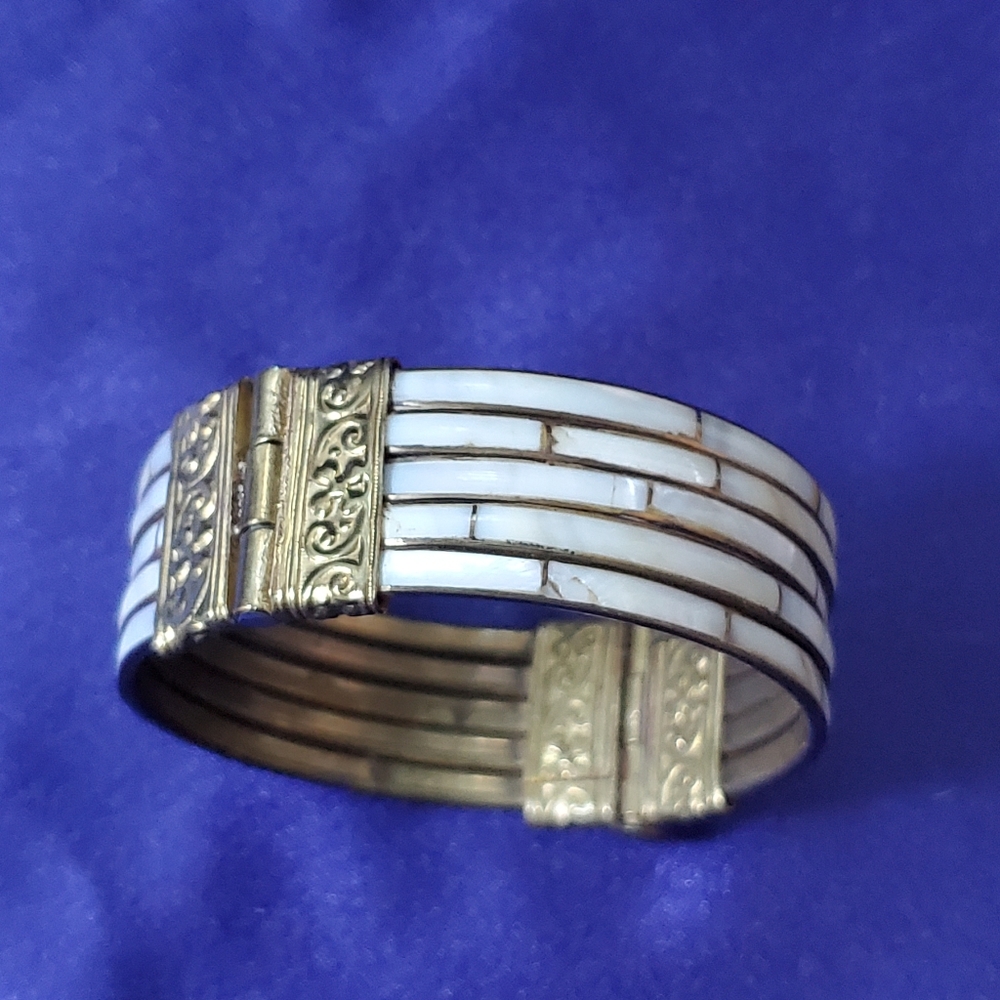 Vintage clamper bracelet  shell and brass